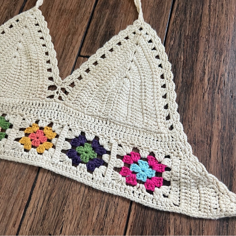 WoWo Crochet Knit Bralette Halter Granny Square Festival Tank Bra Large Top - Picture 2 of 8